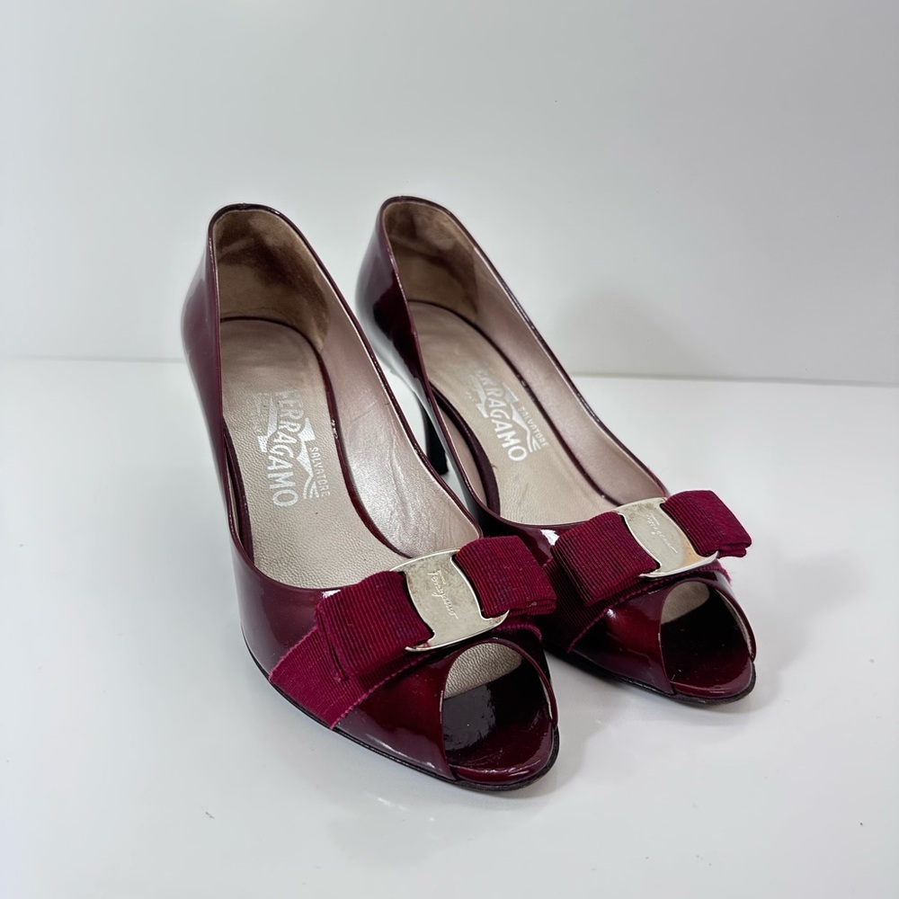 Salvatore Ferragamo Burgundy Peep-Toe Heels
